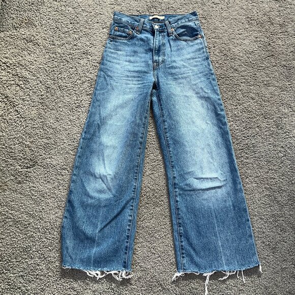 LEVI'S BIG E WEDGIE WIDE LEG ALTERED RAW HEM HIGH WAISTED BLUE JEANS -W 25 L 27 - Picture 1 of 12
